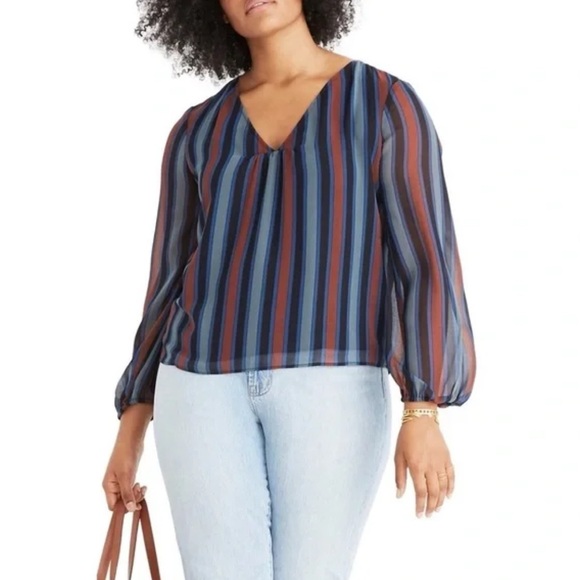 Madewell Tops - Madewell Women's Size 2X Academy Stripe Retro Blouse Top Sheer Sleeve‎ Modern